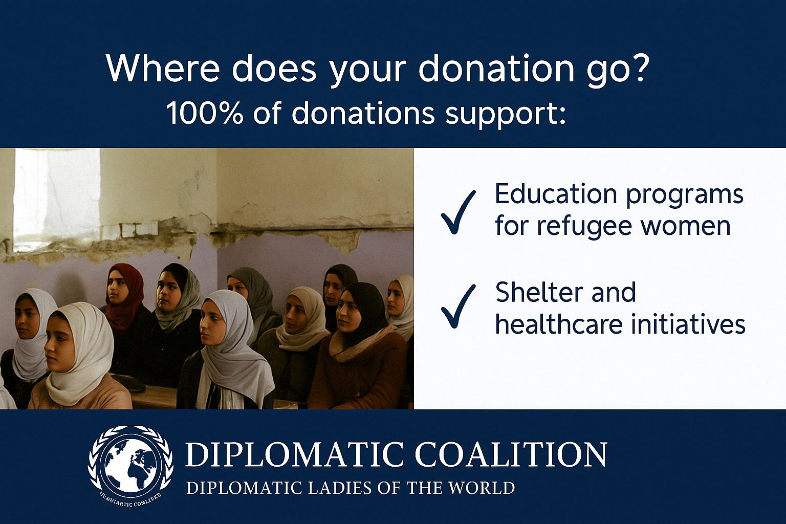 Group of refugee women and girls in a classroom supported by Diplomatic Coalition donations.